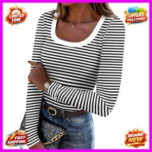 Long Sleeve Rib Knit Scoop Neck Tee Slim Fit Casual Business Chic Top